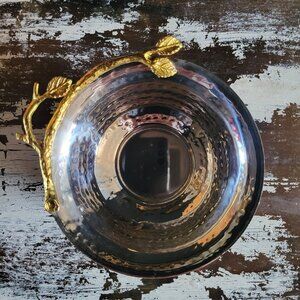 LEEBER Golden Vine Hammered Steel & Brass Nut Olive Bowl w/ Branch Leaf Accent